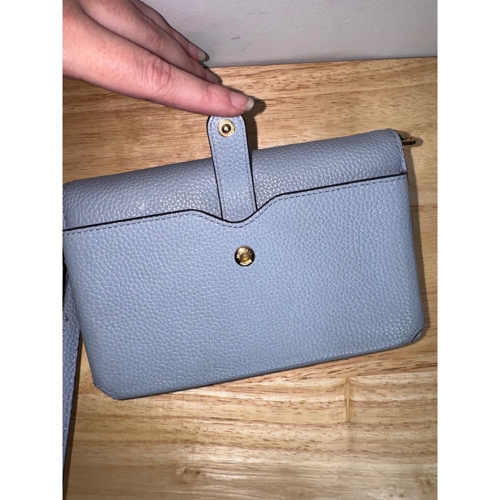 Michael Kors Jet Set Travel Crossbody Wallet Bag Pale Blue Pebbled Leather Gold - Picture 10 of 10